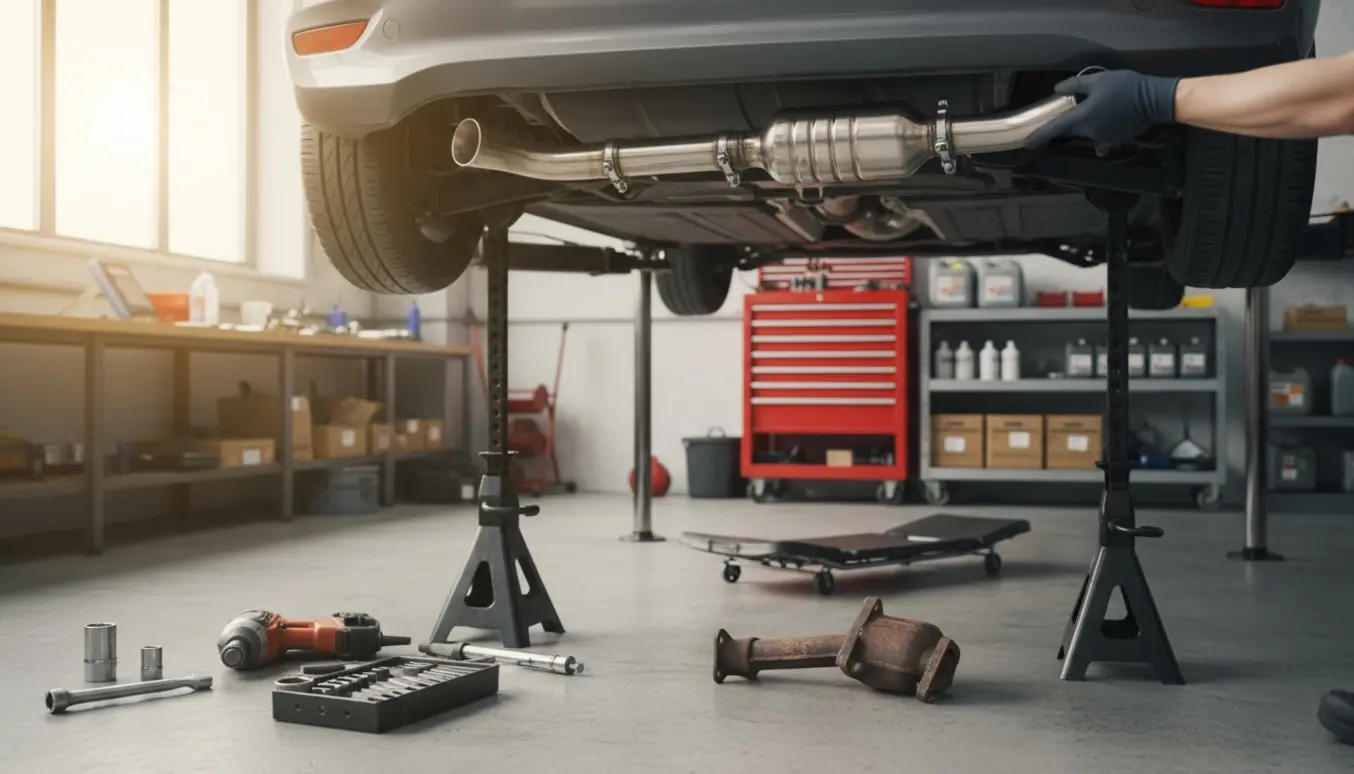 Mekaniker monterer en ny katalysator under en lille hatchback i et veludstyret værksted.