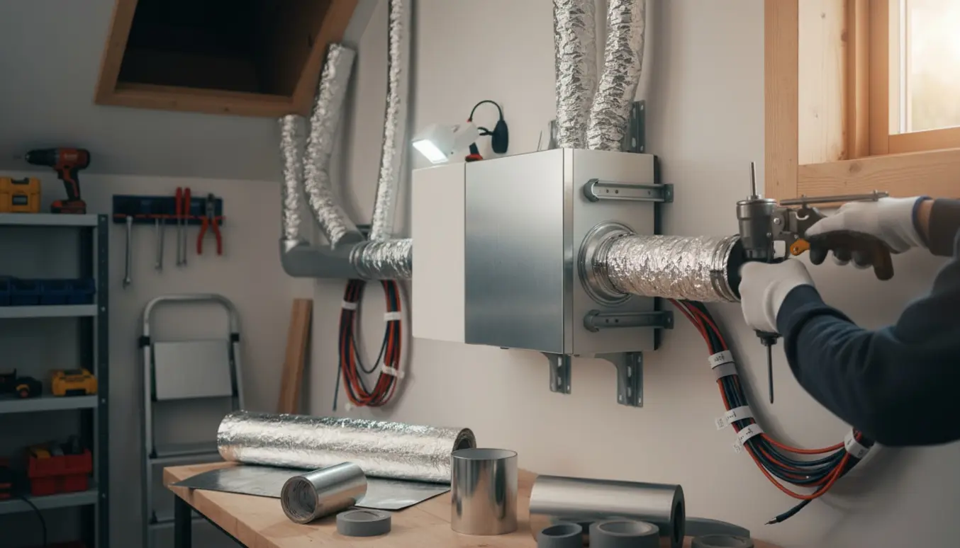 Installatør forbinder ventilationsanlæg til ventilationskanaler i et teknikrum, kun hænder og ryg synlige.