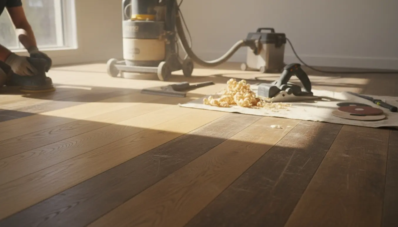Trægulv delvist slebet og afhøvlet med slibemaskine, træspåner og værktøj i et lyst rum.