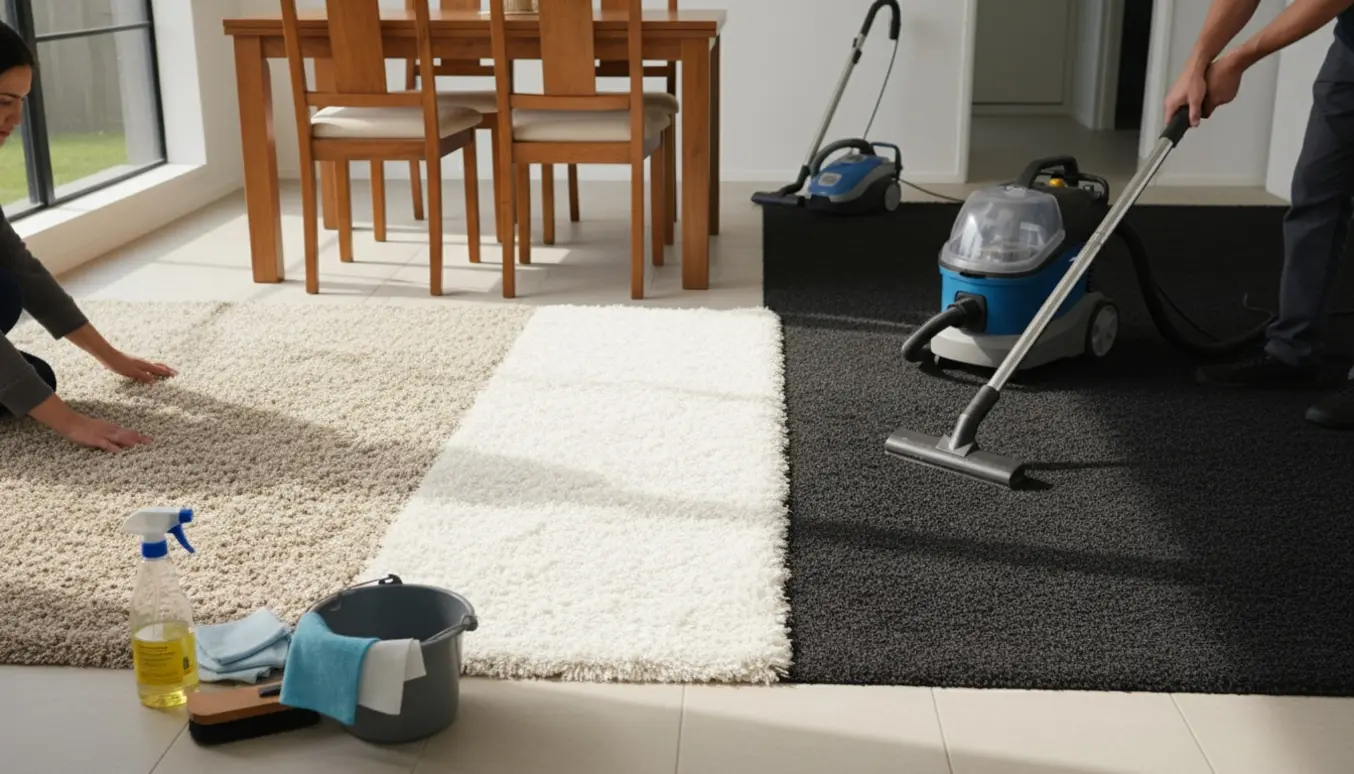 Hvidt løst tæppe under spisebord renses, mens et sort fast entrétæppe bliver dampet.