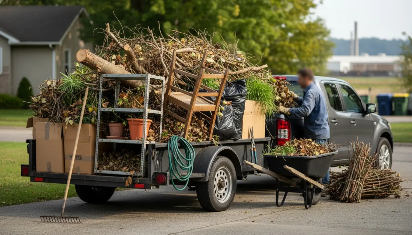 Åben trailer fyldt med haveaffald og diverse skrald på en indkørsel, klar til afhentning til genbrugspladsen.