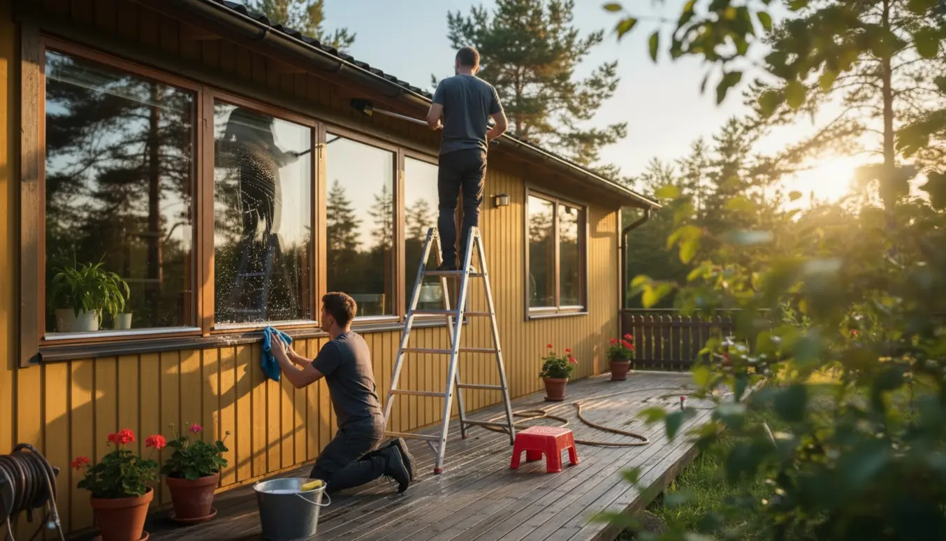 Vinduespudser rengør ruderne på et træsommerhus og anneks med svaber og spand i blødt sollys.