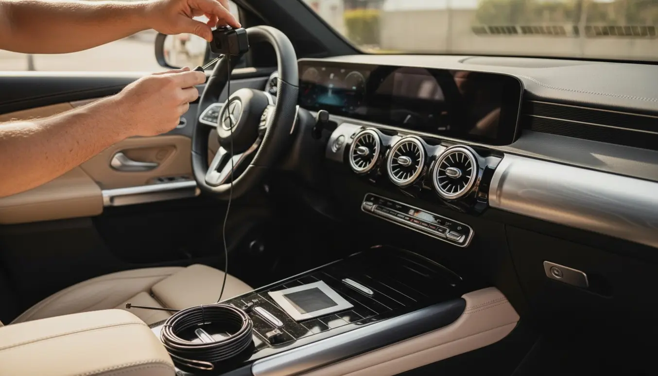 Hænder monterer et dashcam i forruden på en Mercedes EQB 300, mens kabler skjules langs A-stolpen.