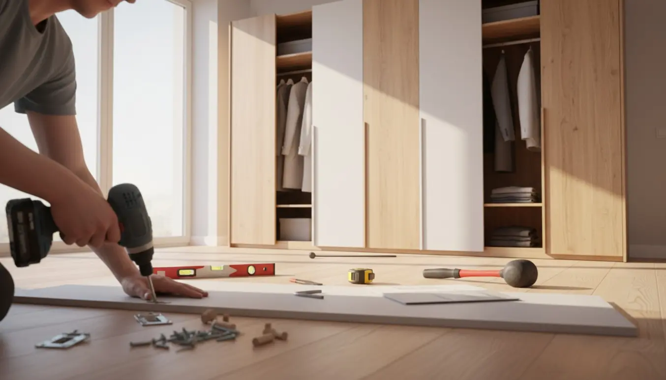 Næroptag af hænder, der monterer hængsel på et stort 8-dørs garderobeskab i et lyst soveværelse.