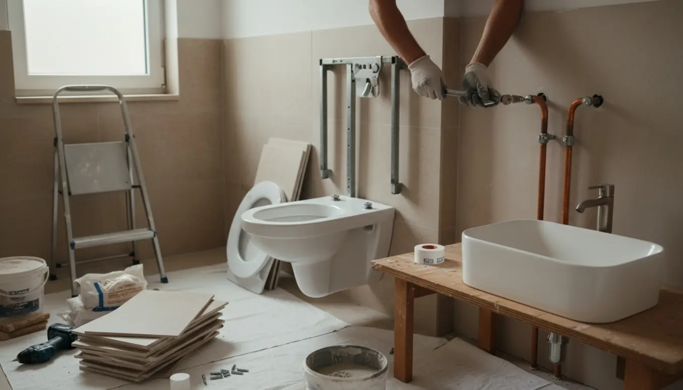 Håndværker tilpasser vandrør i et lille badeværelse under renovering med væghængt toiletramme og nyt håndvaskudstyr.