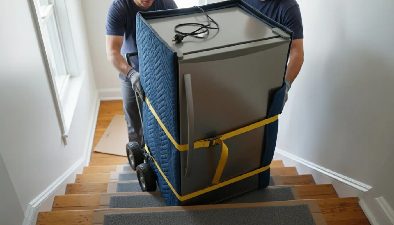 Et fritstående køleskab bæres ned ad en trappe i en opgang uden elevator.