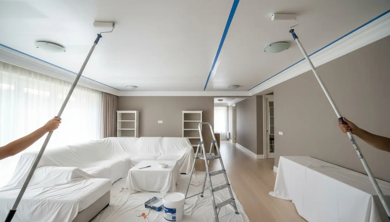 Et lyst, rummeligt stue- og gangområde, hvor en person maler et glat gipsloft med en forlængerrulle, uden at ansigtet ses.