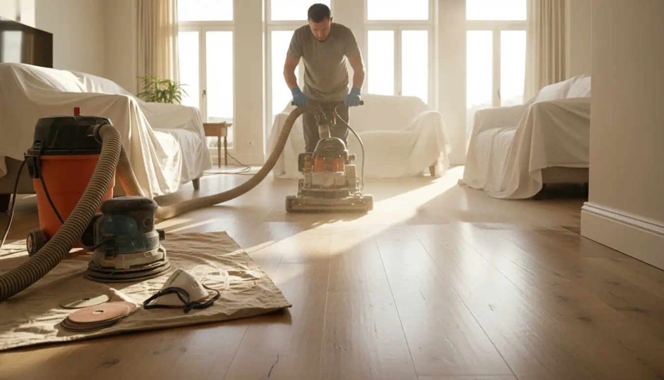Soloplyst stue hvor et lakeret trægulv forsigtigt slibes med en gulvsliber og støvsugerslange.