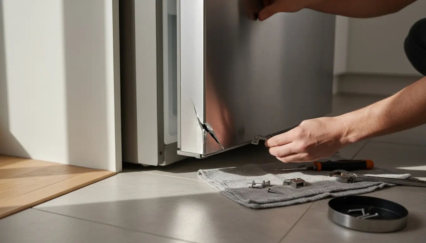 Nærbillede af et knækket køleskabshængsel med værktøj og reservedel klar til reparation.