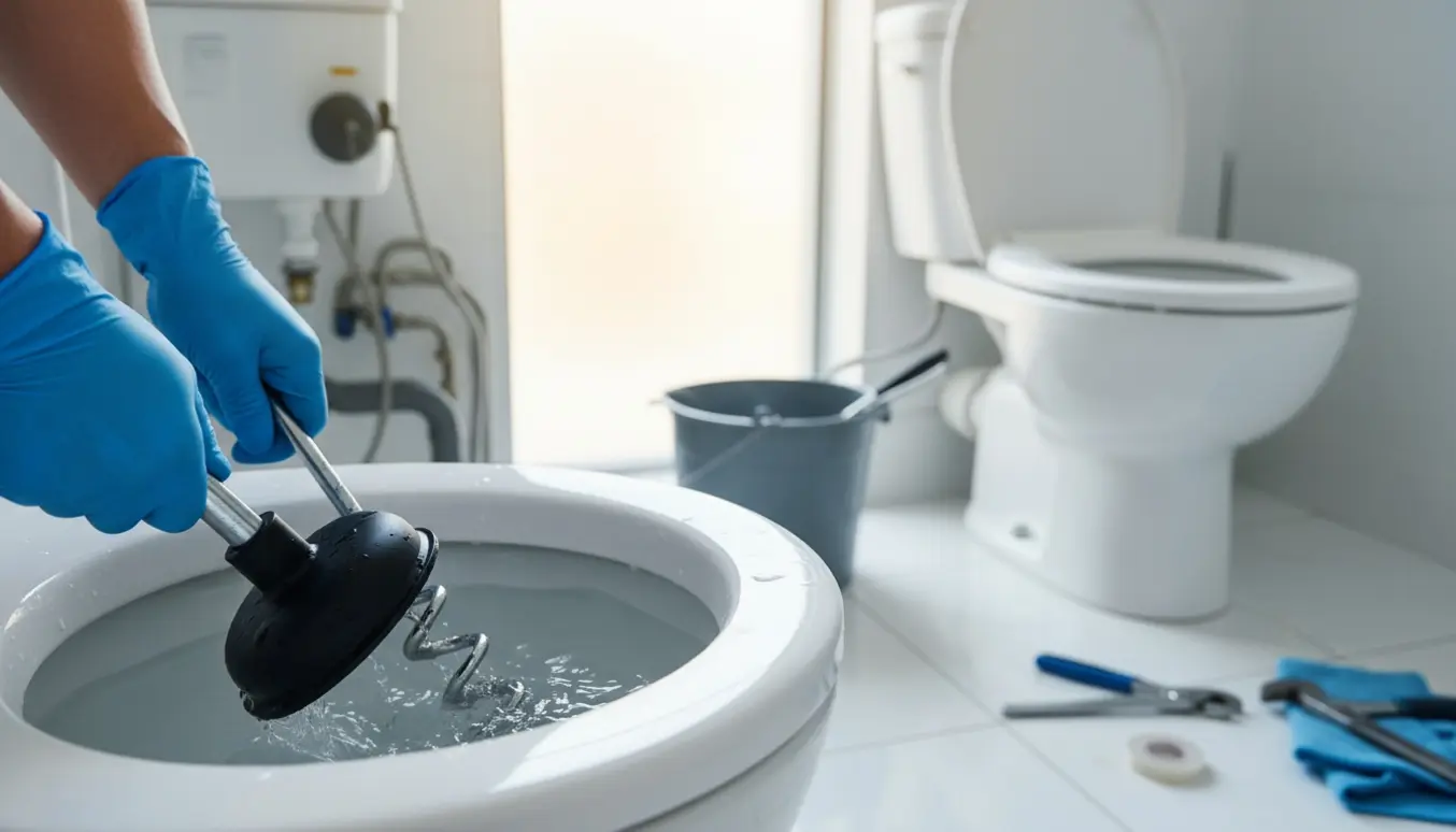 Handskerede hænder renser et moderne toilet med sugekop og VVS-spiral i et lyst badeværelse.