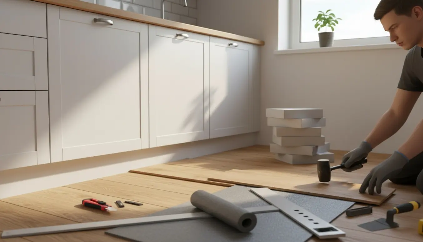 Delvist lagt vinylgulv i et lille moderne køkken med værktøj og hænder ved at montere planker.