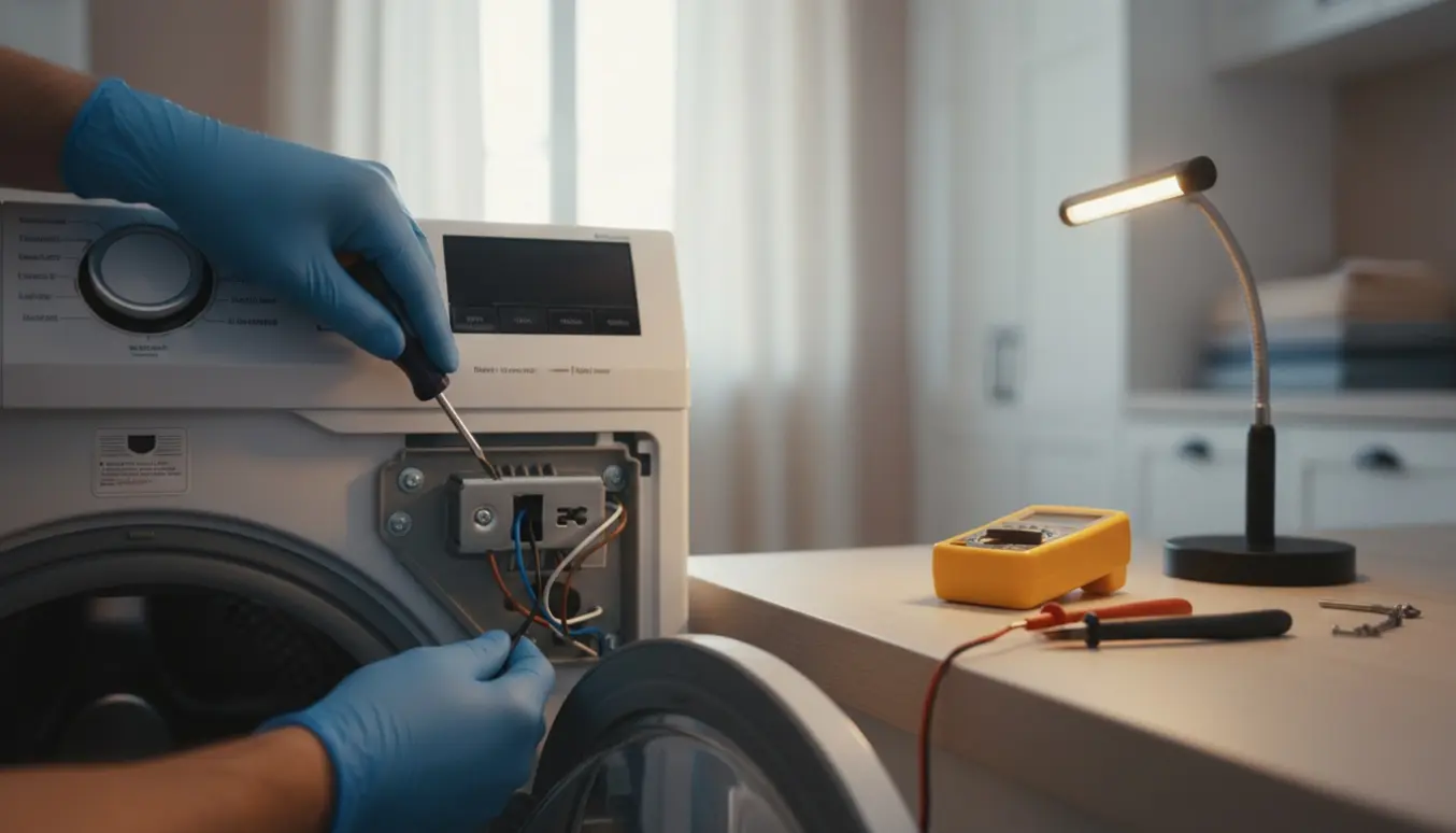 Nærbillede af hænder, der reparerer en låst vaskemaskinedør med skruetrækker og værktøj i et lyst vaskerum.