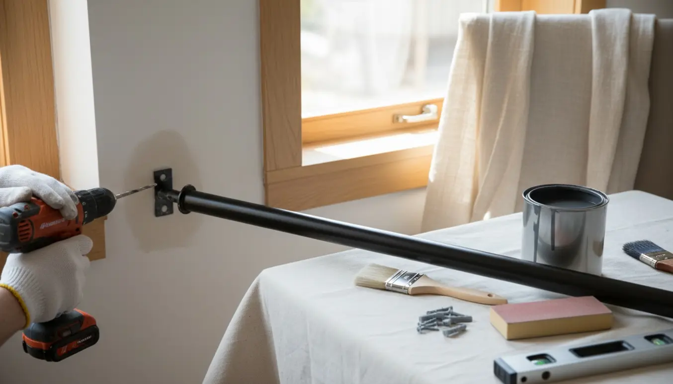 Hænder pudser, maler og monterer en gardinstang ved et vindue med værktøj og malerbøtte.