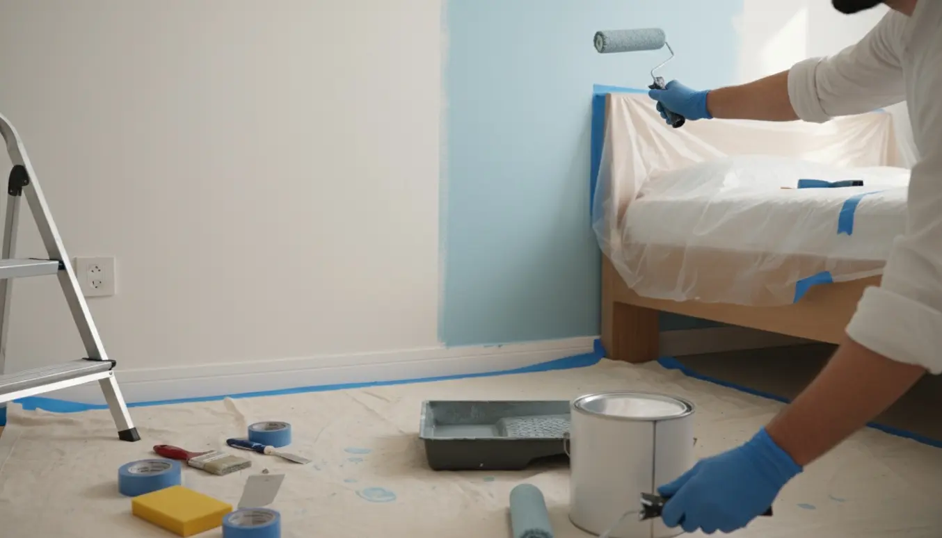En malerrulle påfører frisk maling på væggen bag sengens sengegavl, med plast og malerbøtte i rummet.