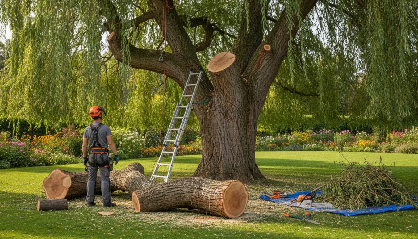 En arborist beskærer en stor hængepil med afskårne grene og savsmuld på græsset.
