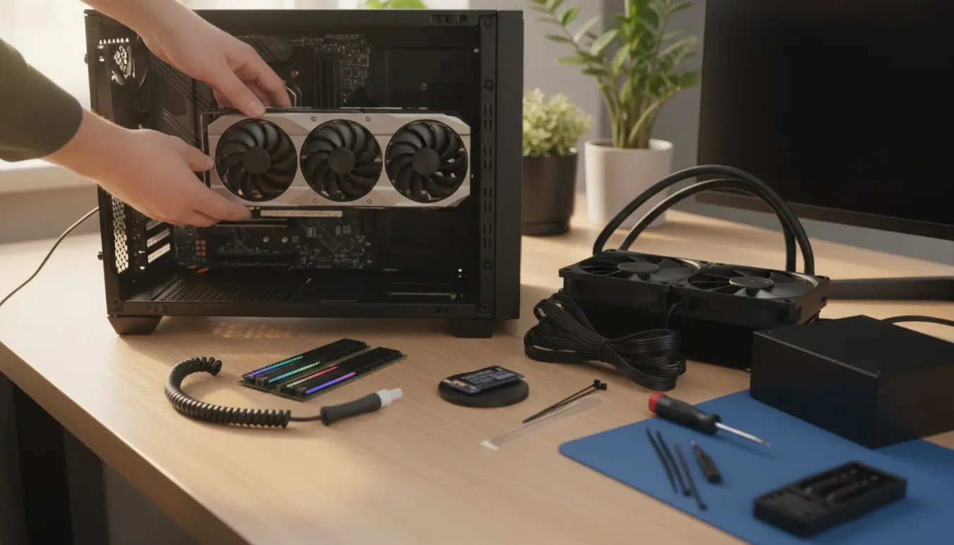 Åben gaming-pc på et skrivebord med grafikkort, radiator, RGB-RAM, M.2 SSD og kølepasta klar til montering.