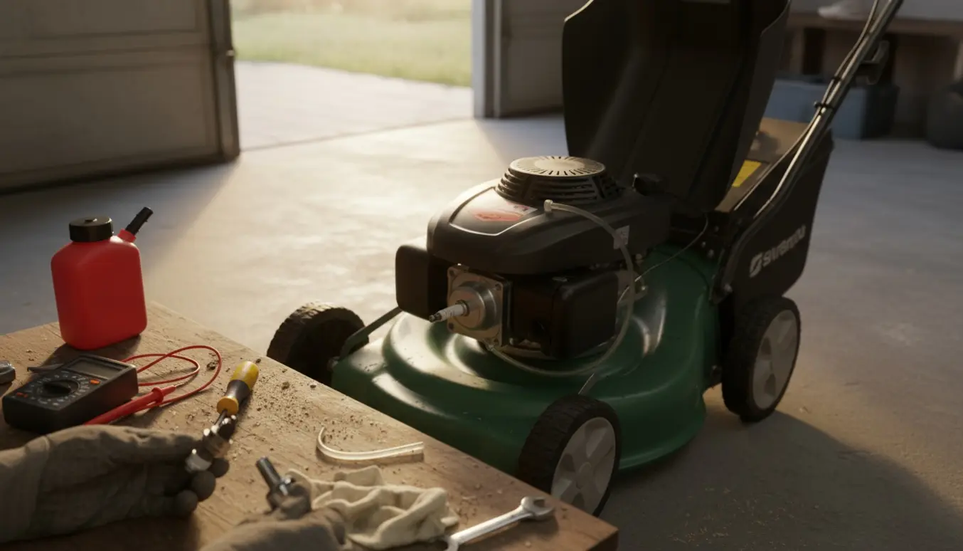 Nærbillede af hænder, der fejlsøger en benzinplæneklipper med tændrør, multimeter og værktøj i en garage.