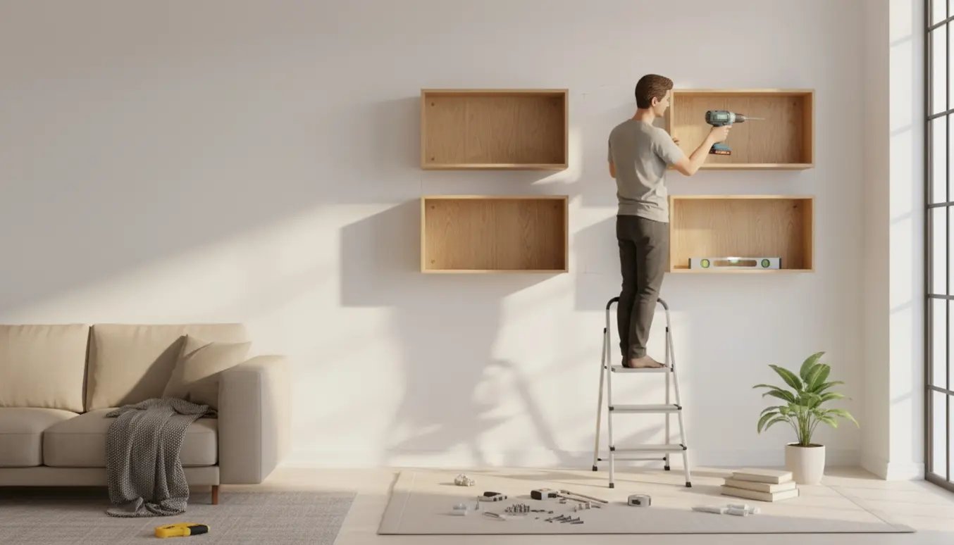 To personer monterer fire kvadratiske bogkasser i lyst træ på en væg med værktøj og bøger klar.