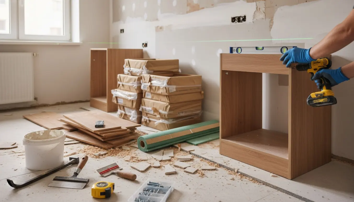 Halvfærdigt køkken under renovering med nye skabmoduler, værktøj og gulvplanker klar til montering.