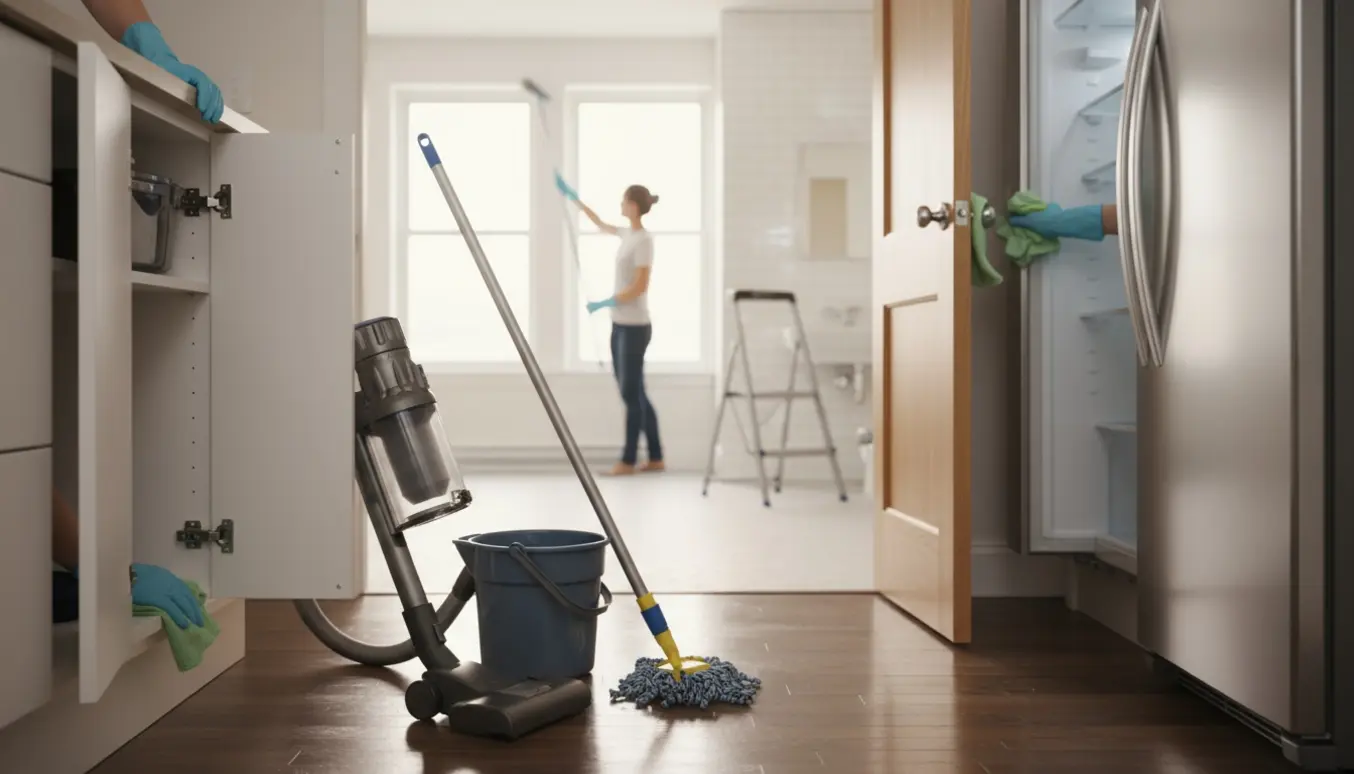 Lyst, nypudset lejlighedsinteriør med handsker, der tørrer køkkenskabe, støvsuger og moppe på gulvet og et rengjort badeværelse i baggrunden.