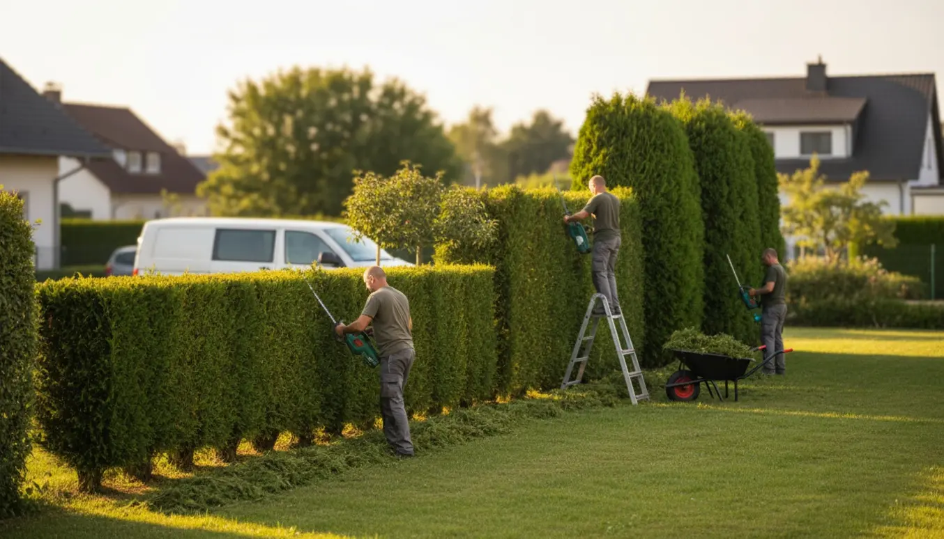 Professionelle trimmer en lang thuja-hæk med bunker af afklip og en trillebør til bortkørsel.
