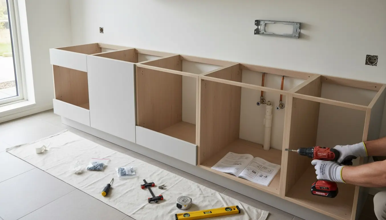 Håndværker samler et lille Nordisk Kök køkken med åbne modulskabe, værktøj og synlige el- og vvs-tilslutninger.