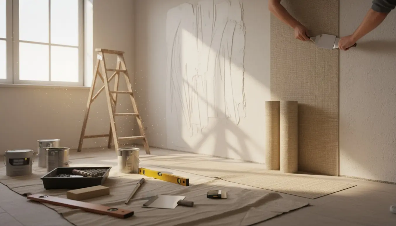 Hænder spartler væg og opsætter glasvævstapet i et værelse under renovering.