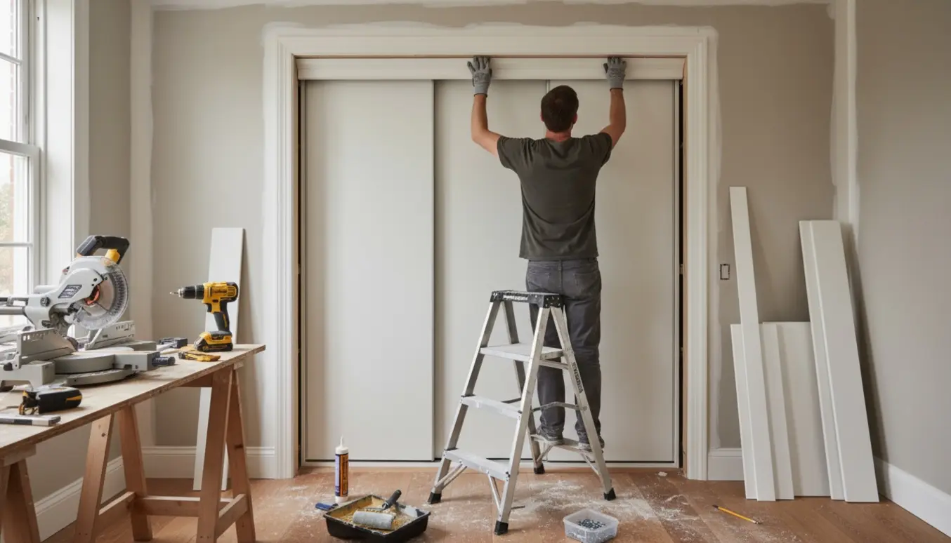 Delvist indbygget 150 cm Pax-garderobe med værktøj og en håndværker, der monterer lister.