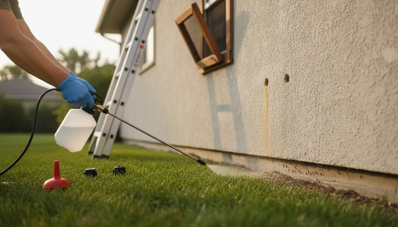 Tekniker behandler myrer i plænen og små huller i husmuren mod murbier.