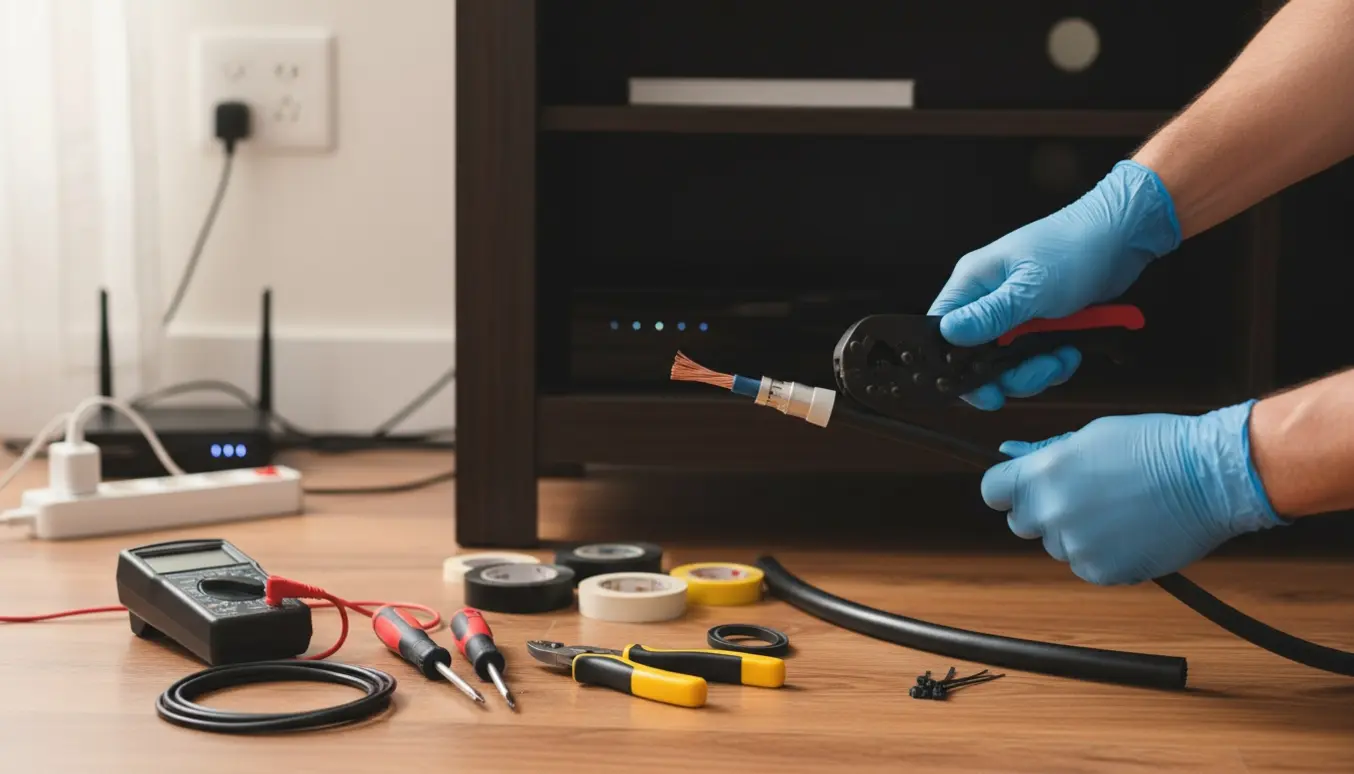 Hænder reparerer løse kabler bag en mediekonsol med multimeter og værktøj.