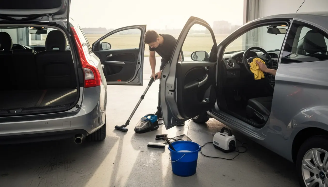 Indvendig rengøring af en Volvo V60 og en Ford Ka i en lys garage med støvsuger, børster og mikrofiberklude.