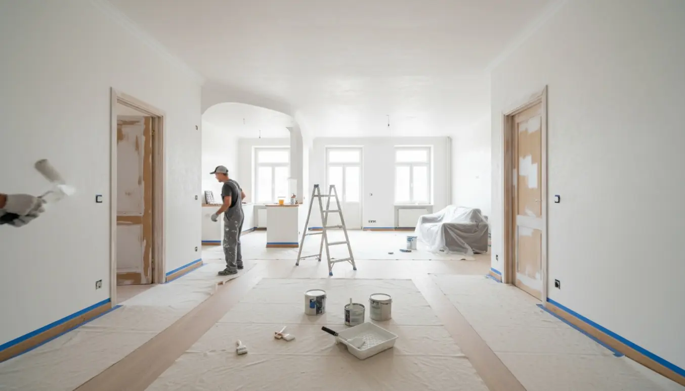 50 m² lejlighed under maling med hvide vægge, malerudstyr og afdækningsduge.