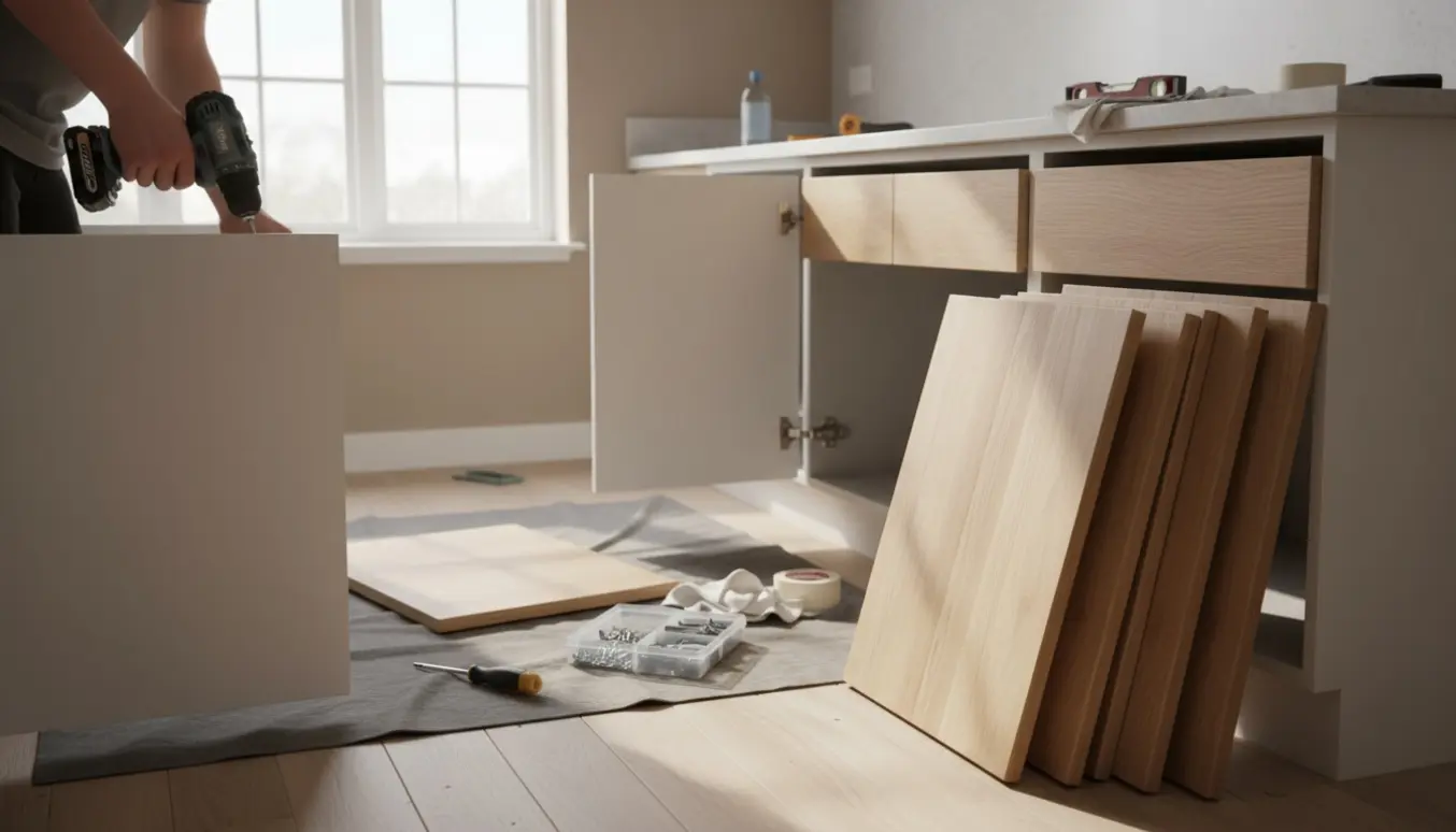 Køkken under udskiftning af låger med hænder, der løsner et hængsel, og nye trælåger stablet klar.