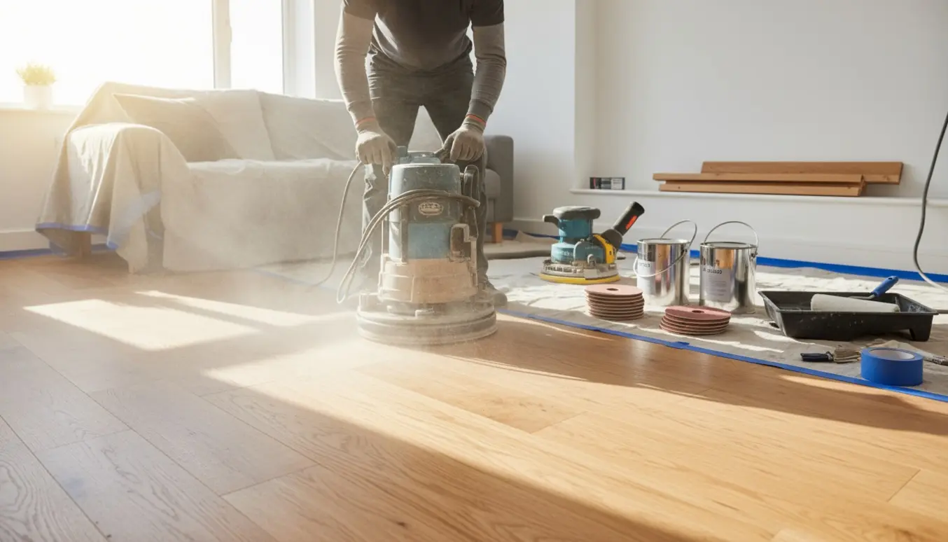 Gulv under afslibning og lakering i et lyst rum med maskine, fjernede dørtrin og en lakbakke ved siden af.