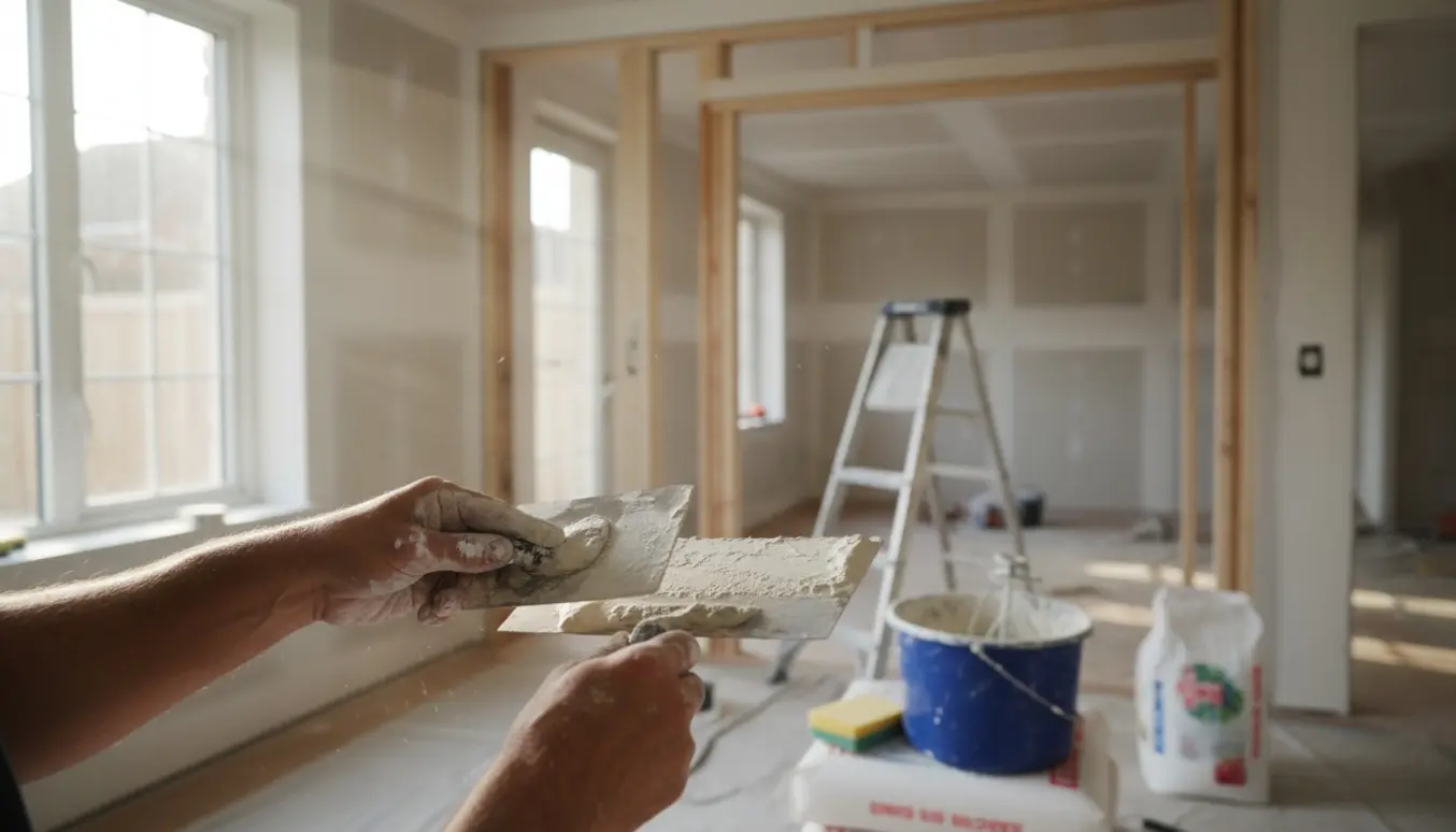 Hænder pudser væg og loft efter en fjernet væg i et lyst renovationsrum.