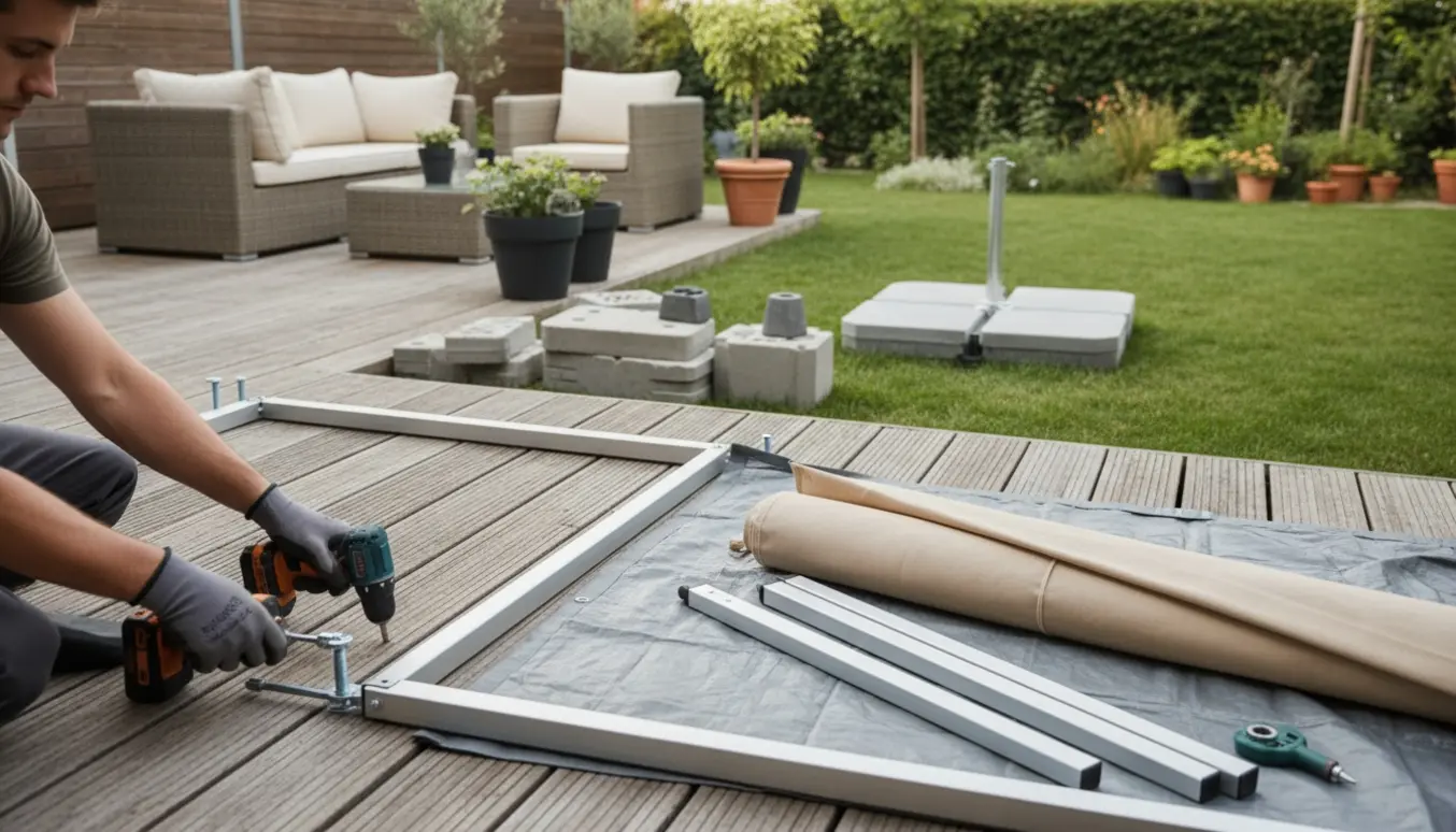 Opsætning af ny fritstående markise på terrasse med værktøj og den gamle markise lagt til side.