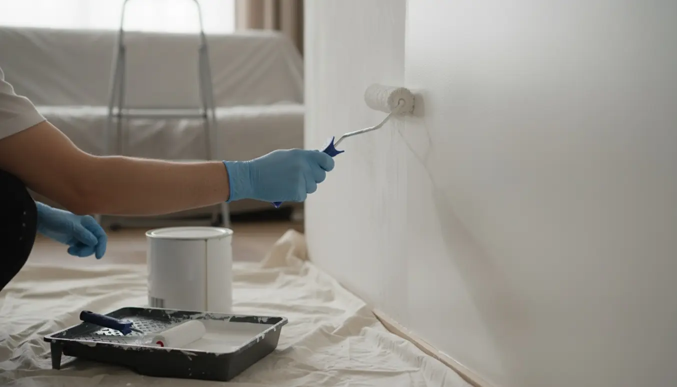 Hænder maler en væg hvid med rulle; delvist ujævn sektion og malerudstyr på beskyttelsesdug.