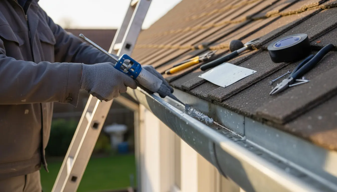 Reparation af zinktagrende set fra en stige, hvor arbejdshænder i handsker påfører tætning med fugepistol.