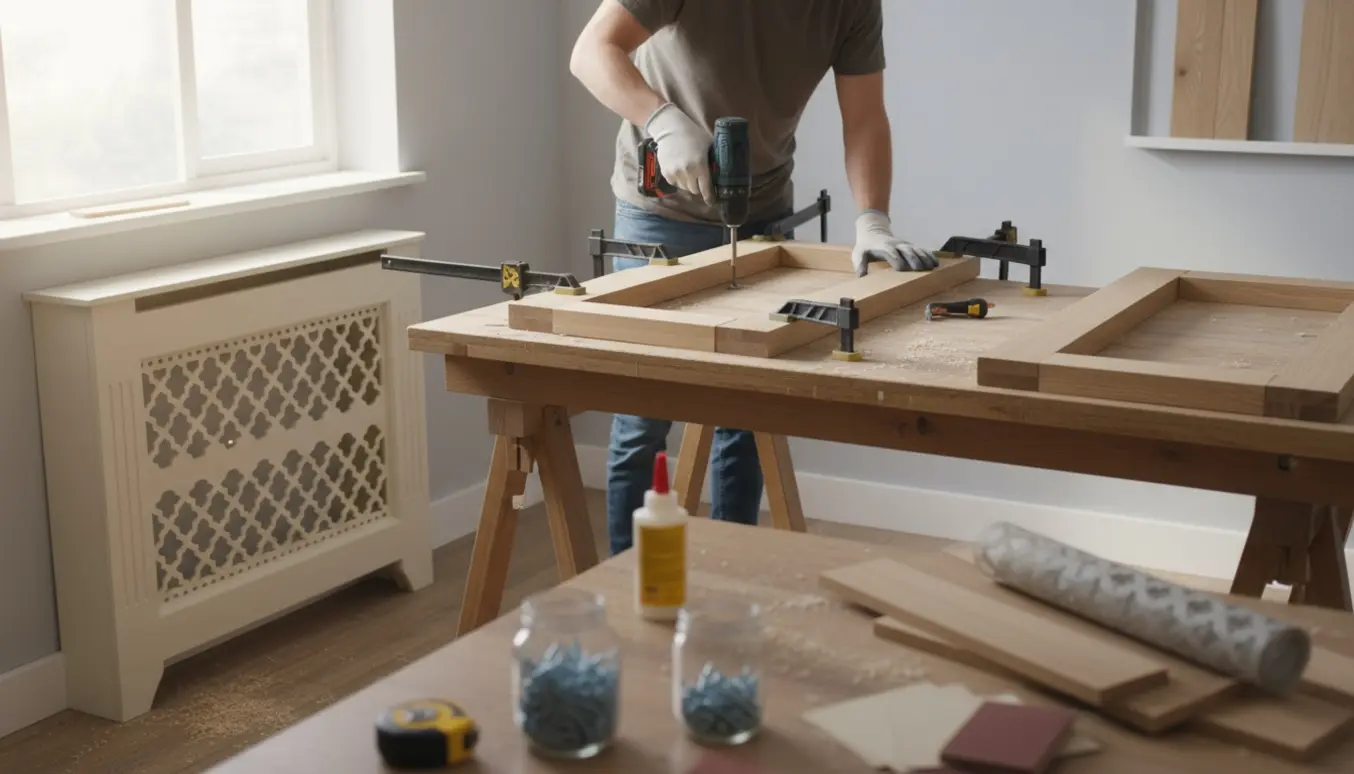 Tre radiator-skærme i forskellige byggefaser med kløvermønstret net og værktøj i et lyst værksted.