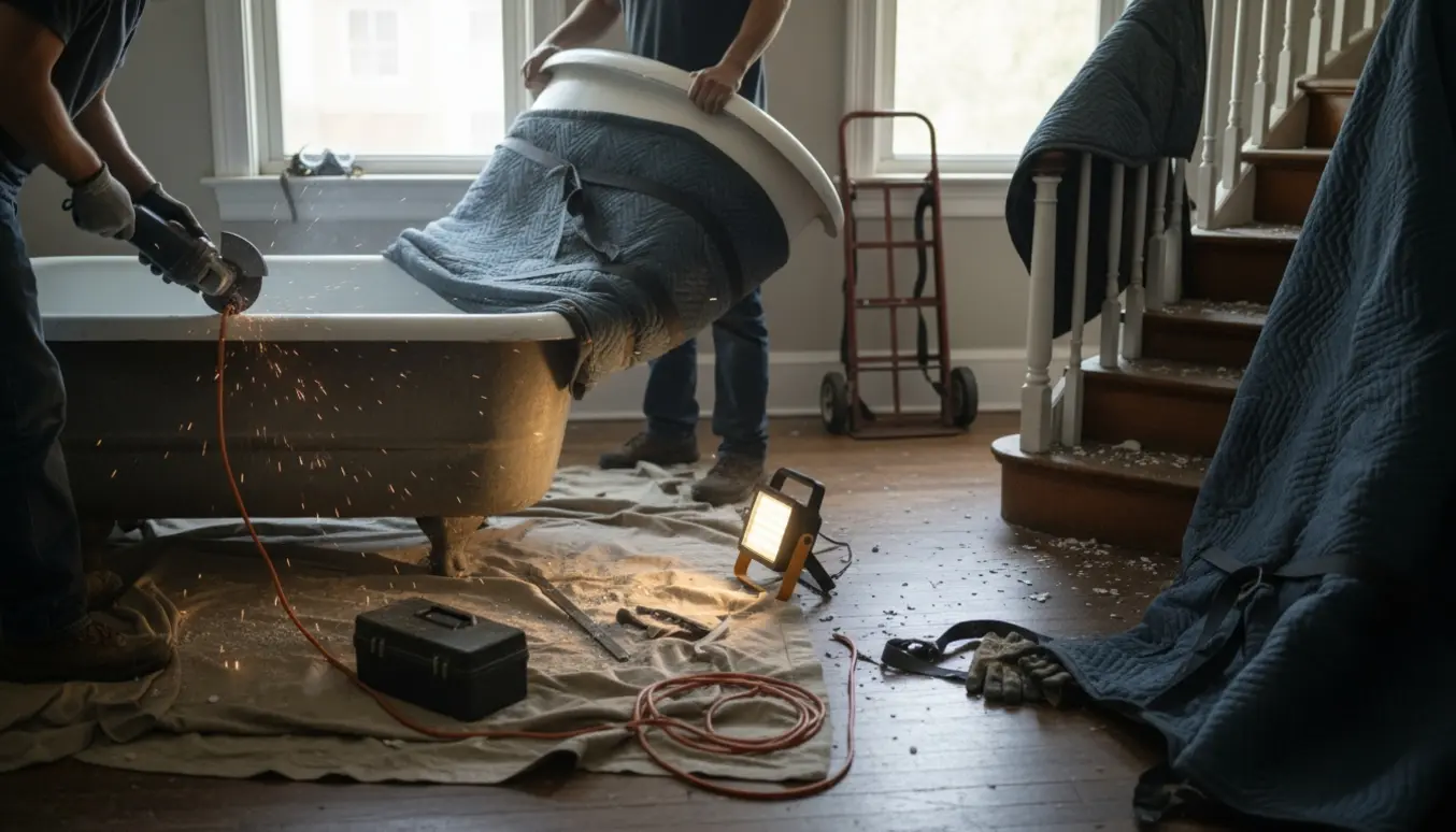 Håndværkere skærer og bærer et metal-porcelænsbadekar ned ad en smal trappe uden elevator.
