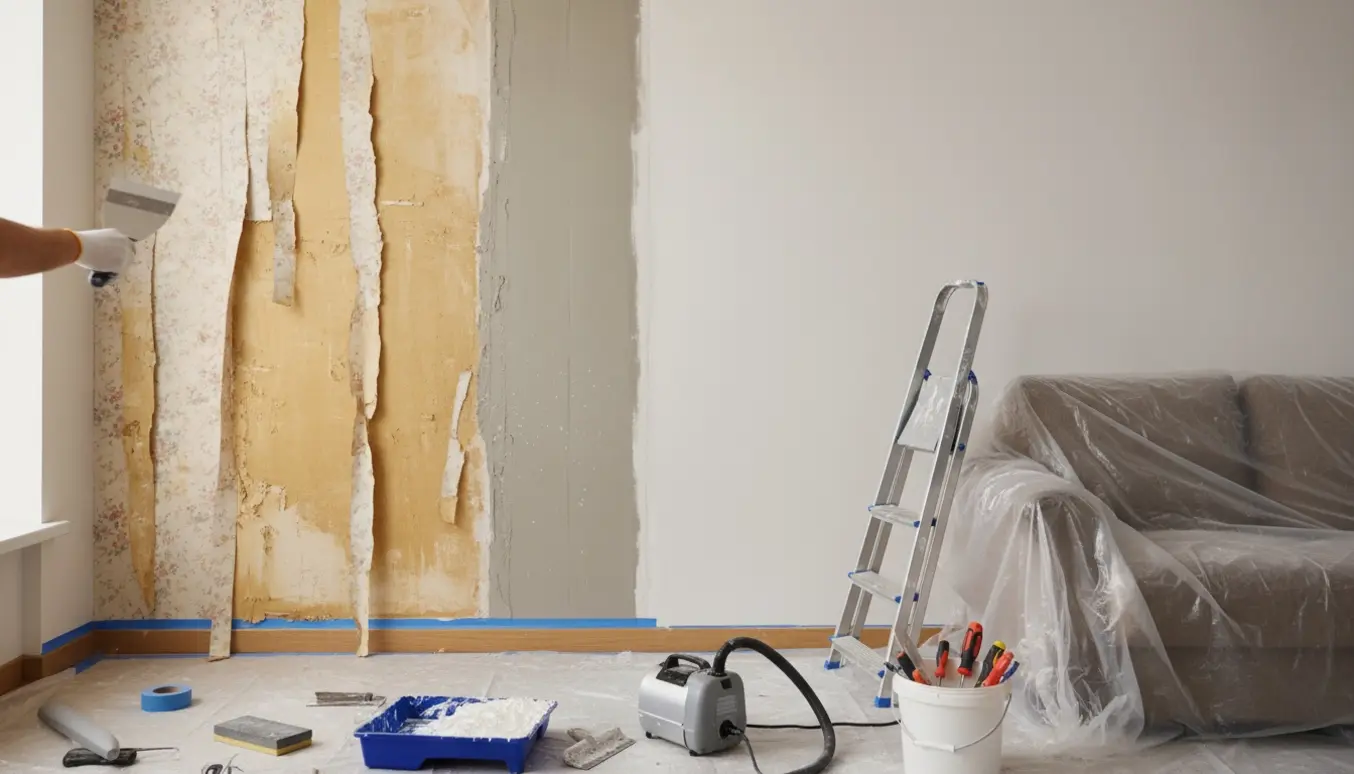 Lejlighedsrum under renovering med fjernet tapet, en hånd der fuldspartler en væg og malerværktøj omkring.