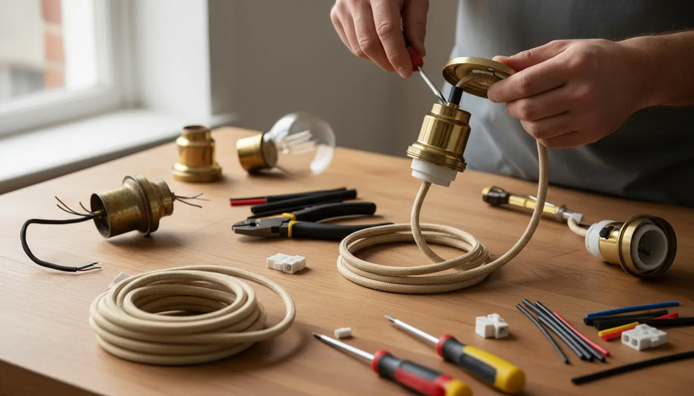 Nærbillede af to pendler på et værksted, hvor hænder tilslutter en ny stofledning og skifter fatning i blødt naturligt lys.