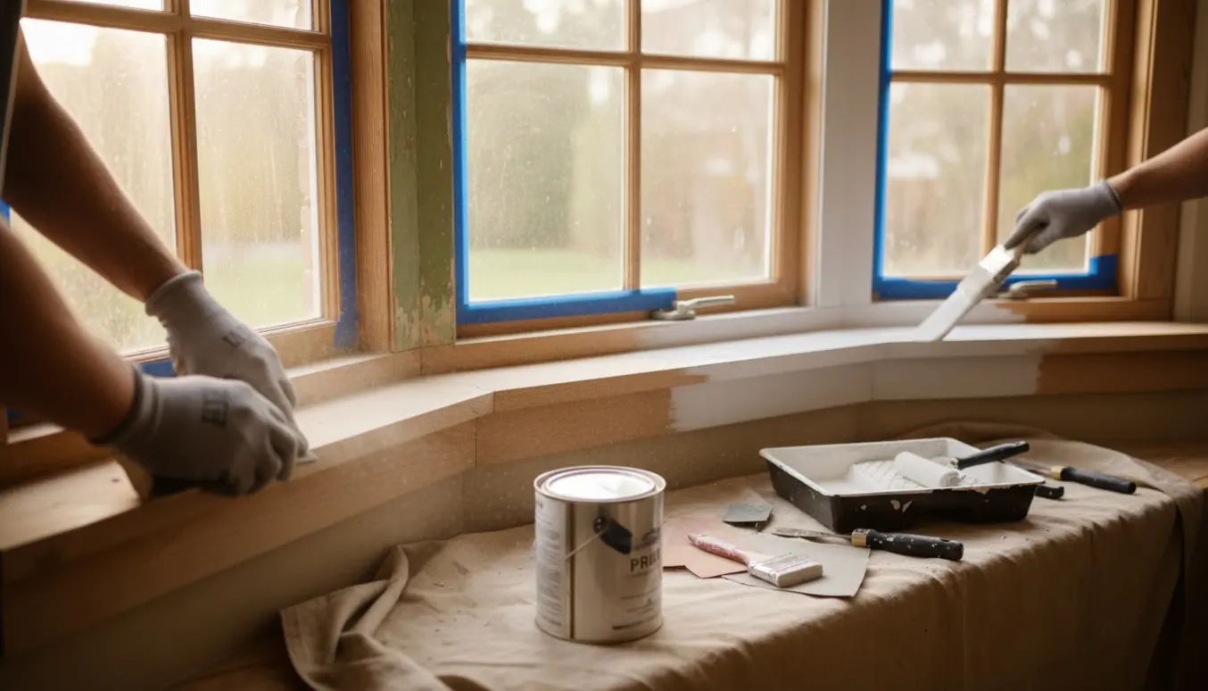 Nærbillede af hænder, der sliber, grunder og maler en træ-karnap med malerbørste og afdækningsdug.