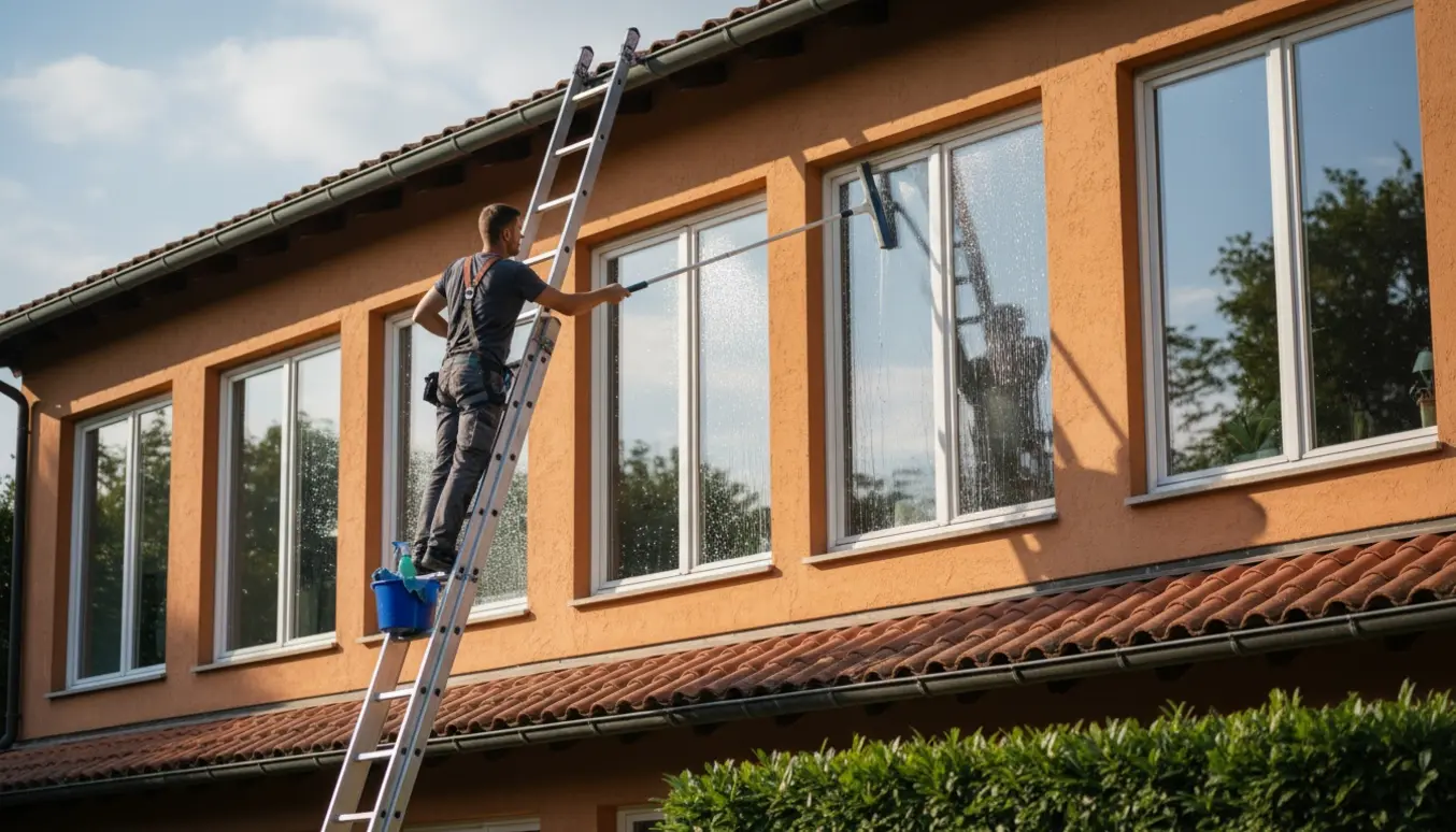 Person på stige pudser de øverste vinduer på en villa med squeegee og spand, ansigt ikke synligt.