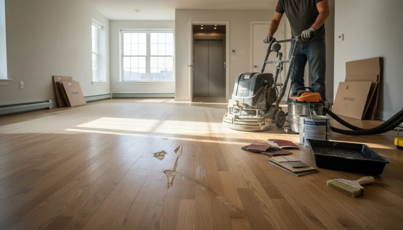 Tom lejelejlighed med gulvsliber, reparationsmaterialer og lakeringsudstyr, hvor et varmttonet trægulv delvist er slebet.