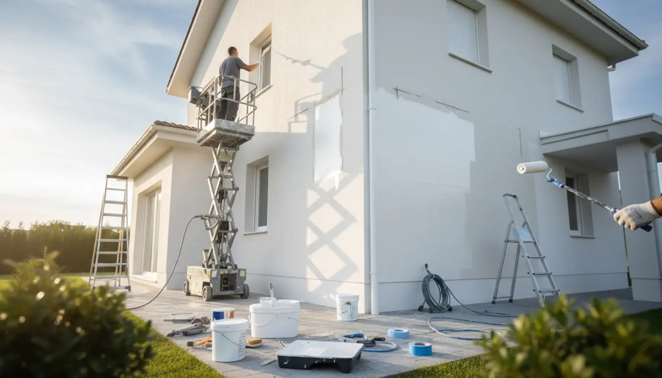 Hvidpudset villa hvor håndværkere på lift maler facaden efter reparationer.