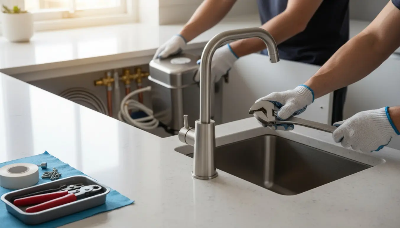 Installatør monterer en ny kogende‑vandshan og installerer en under‑vask reservoir i et moderne køkken.