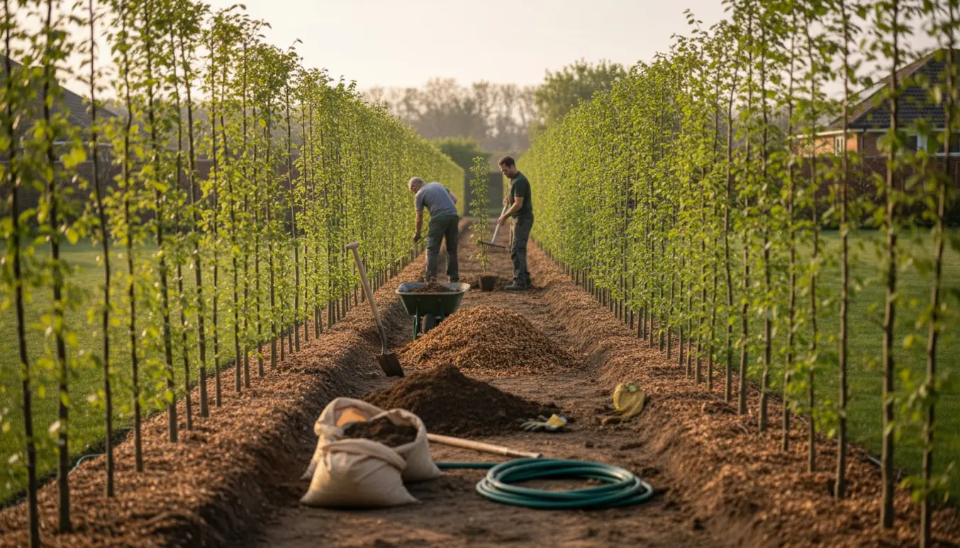 Dobbelt række nyplantede bøgespirer med udskiftet topjord og nylagt flis i blødt morgenlys.