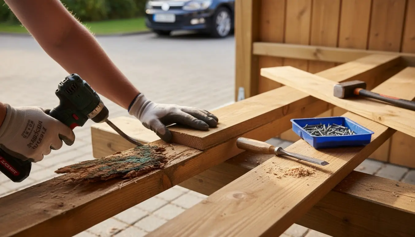 Nærbillede af hænder, der udskifter en rådden tværlægte i en carport med nyt træ og værktøj.