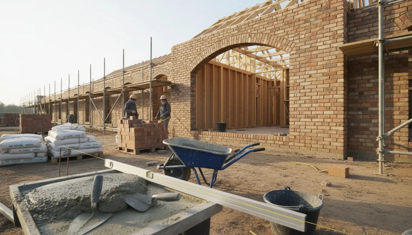 En-etagers hus under opførelse med mursten, stillads og en stor buet glasåbning.